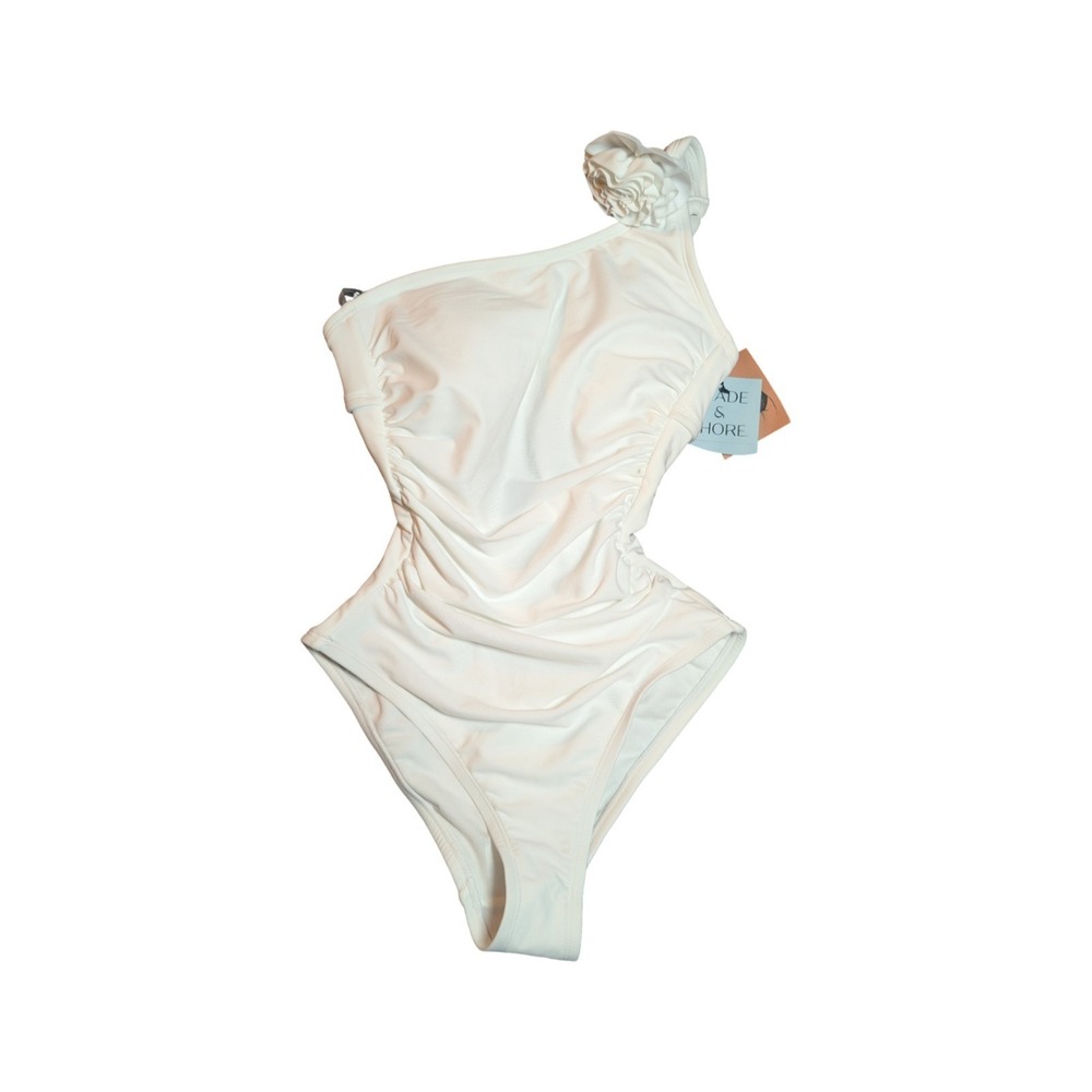 ⭐D5 Shade & Shore White One Shoulder One Piece Swimsuit Flower Accent Size XS